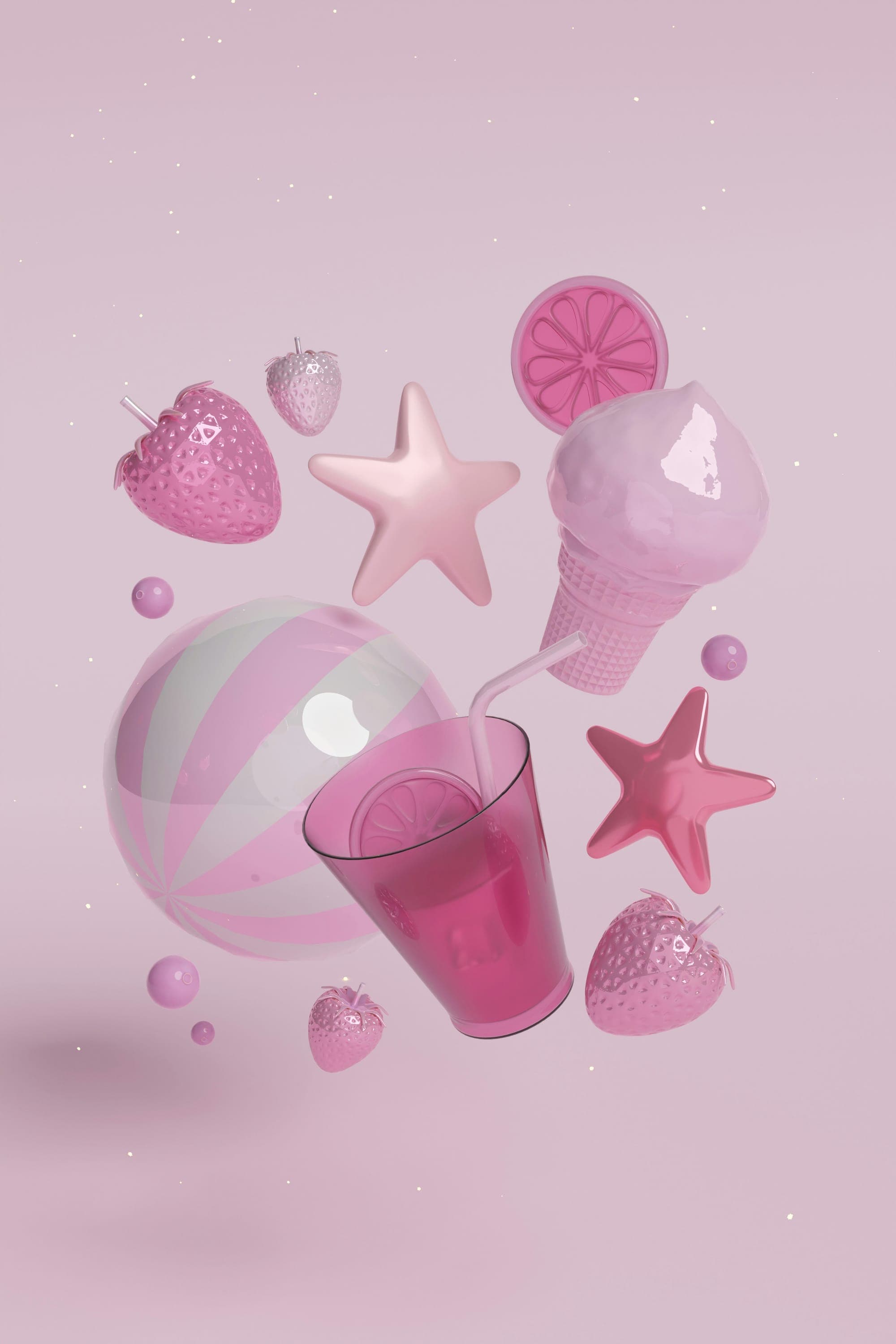 Pink 3D shapes, fruit and a glass floating on a pink background