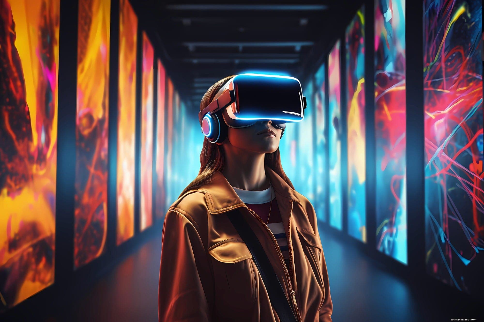 A woman in a VR headset in a corridor of glowing screens