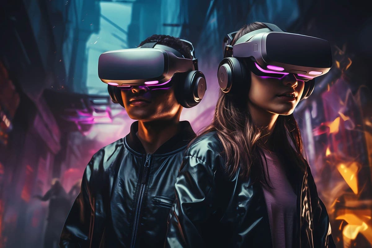 Two people in VR headsets with neon city lights behind them