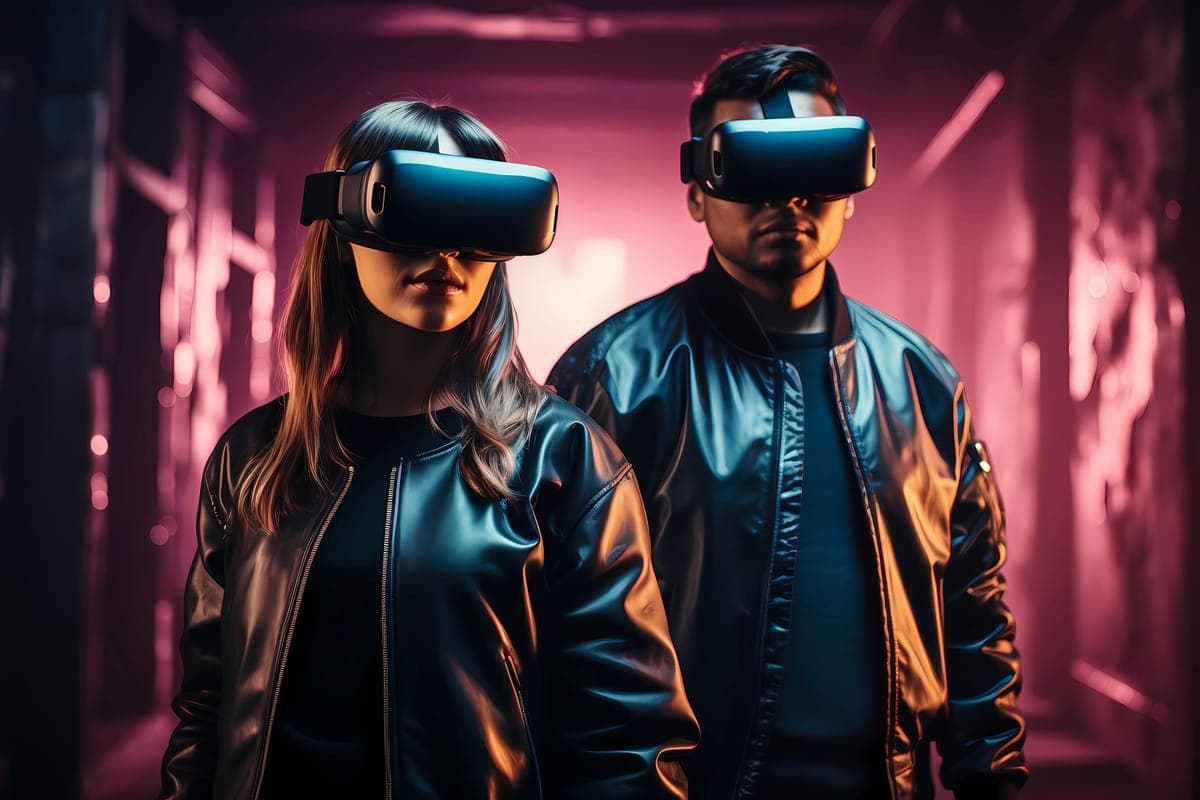 A woman and a man in VR headsets in a pink-lit room