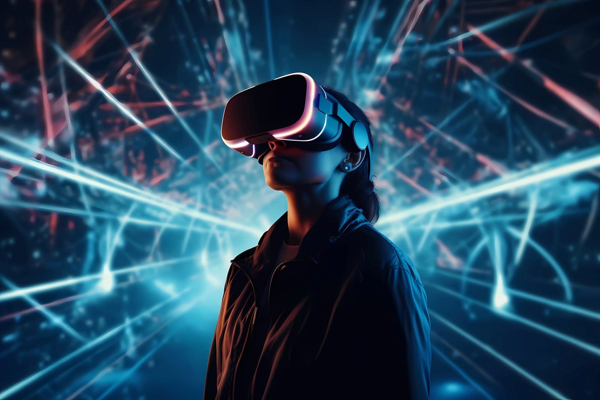 A person in a VR headset surrounded by streaks of blue light