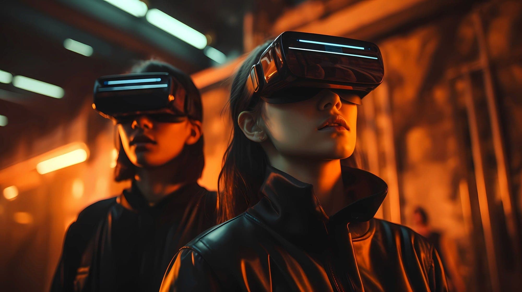Two people in VR headsets and leather jackets in warm light