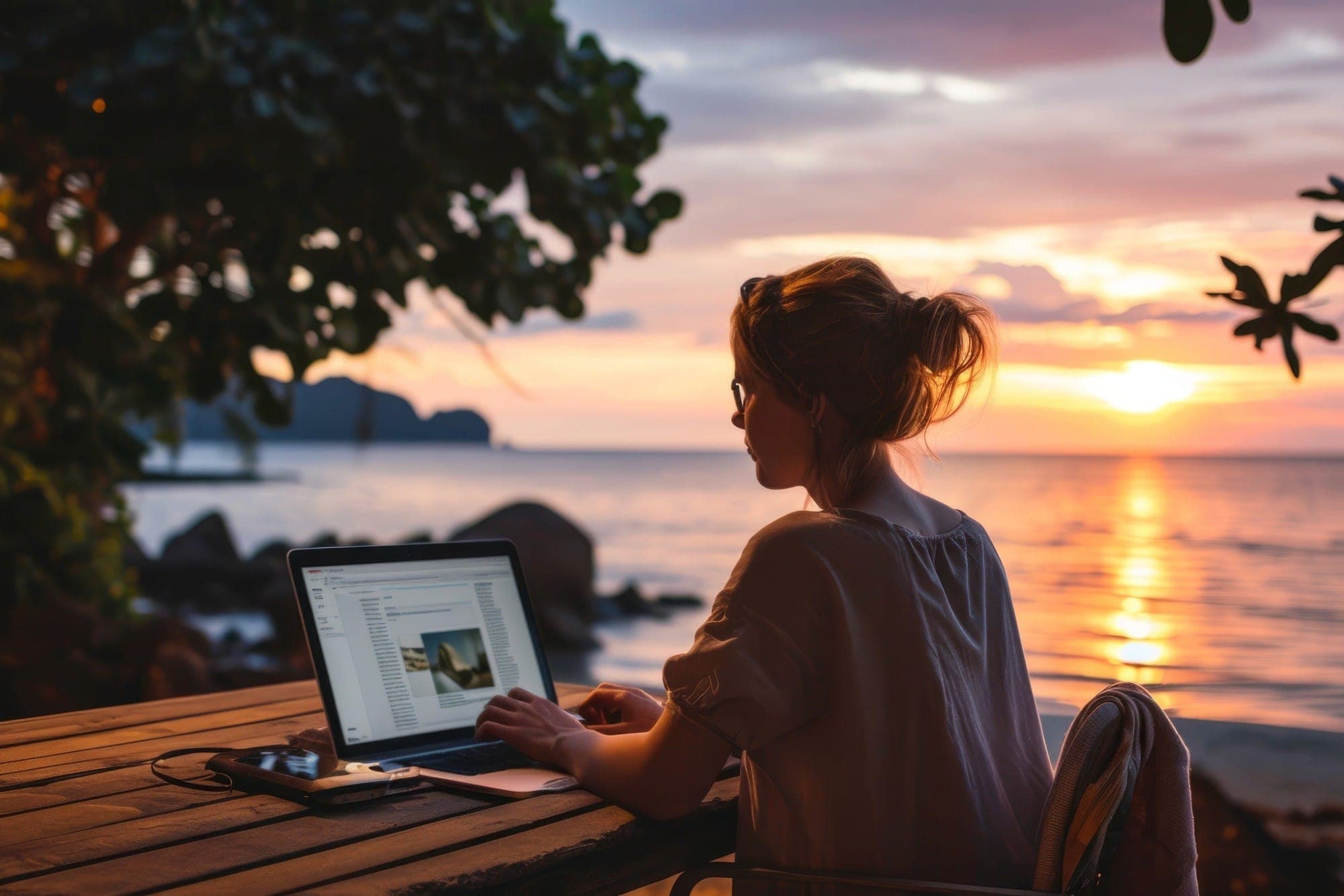 A woman working on a laptop at a table by the sea at sunset