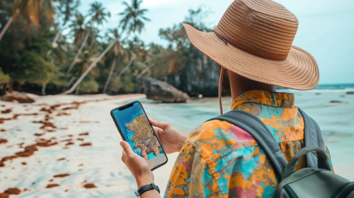 A traveller in a straw hat looking at a map on a phone on a beach