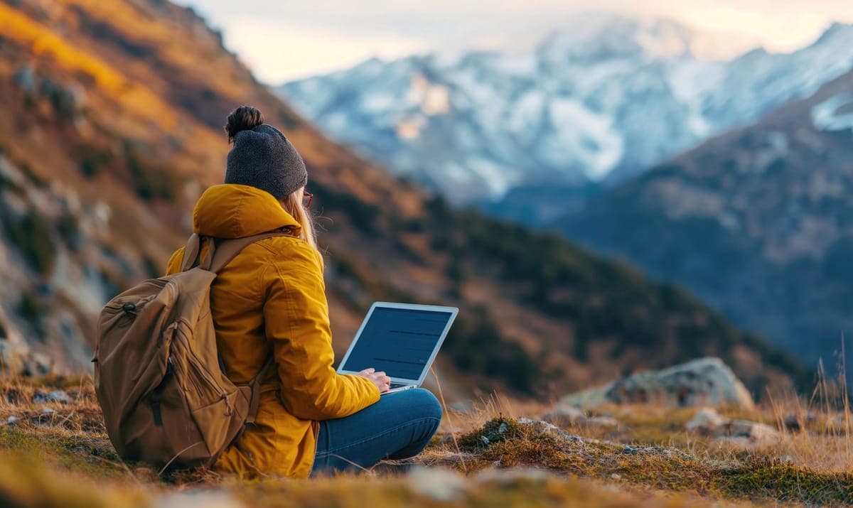 A hiker in a yellow jacket using a laptop in the mountains