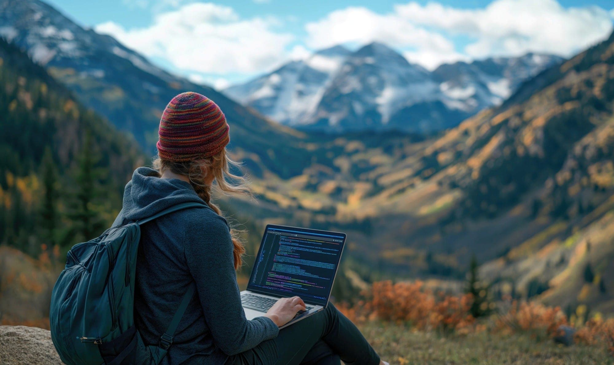 A person in a beanie with a laptop overlooking a mountain valley