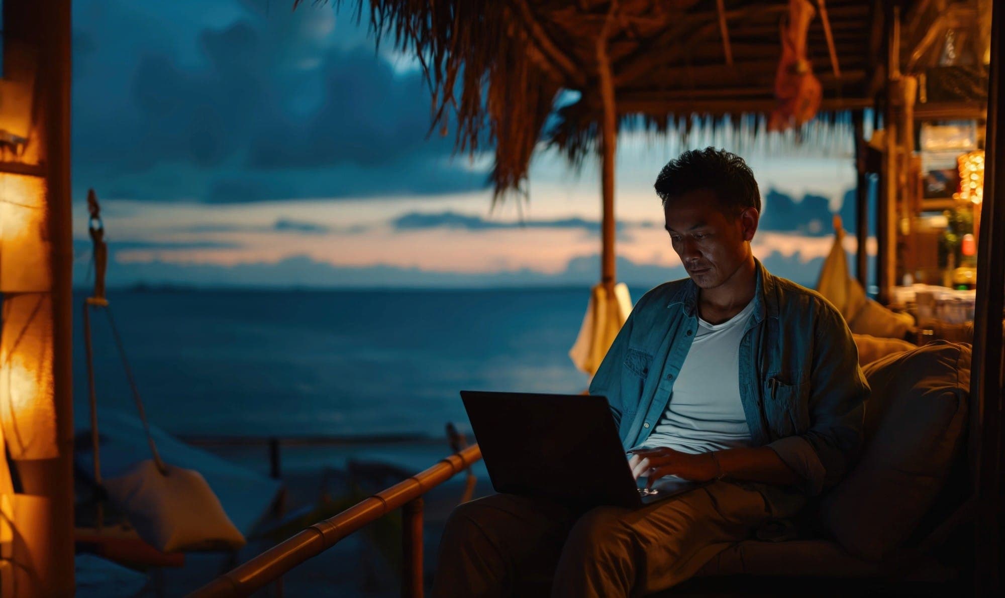 A man using a laptop in a beach hut at dusk