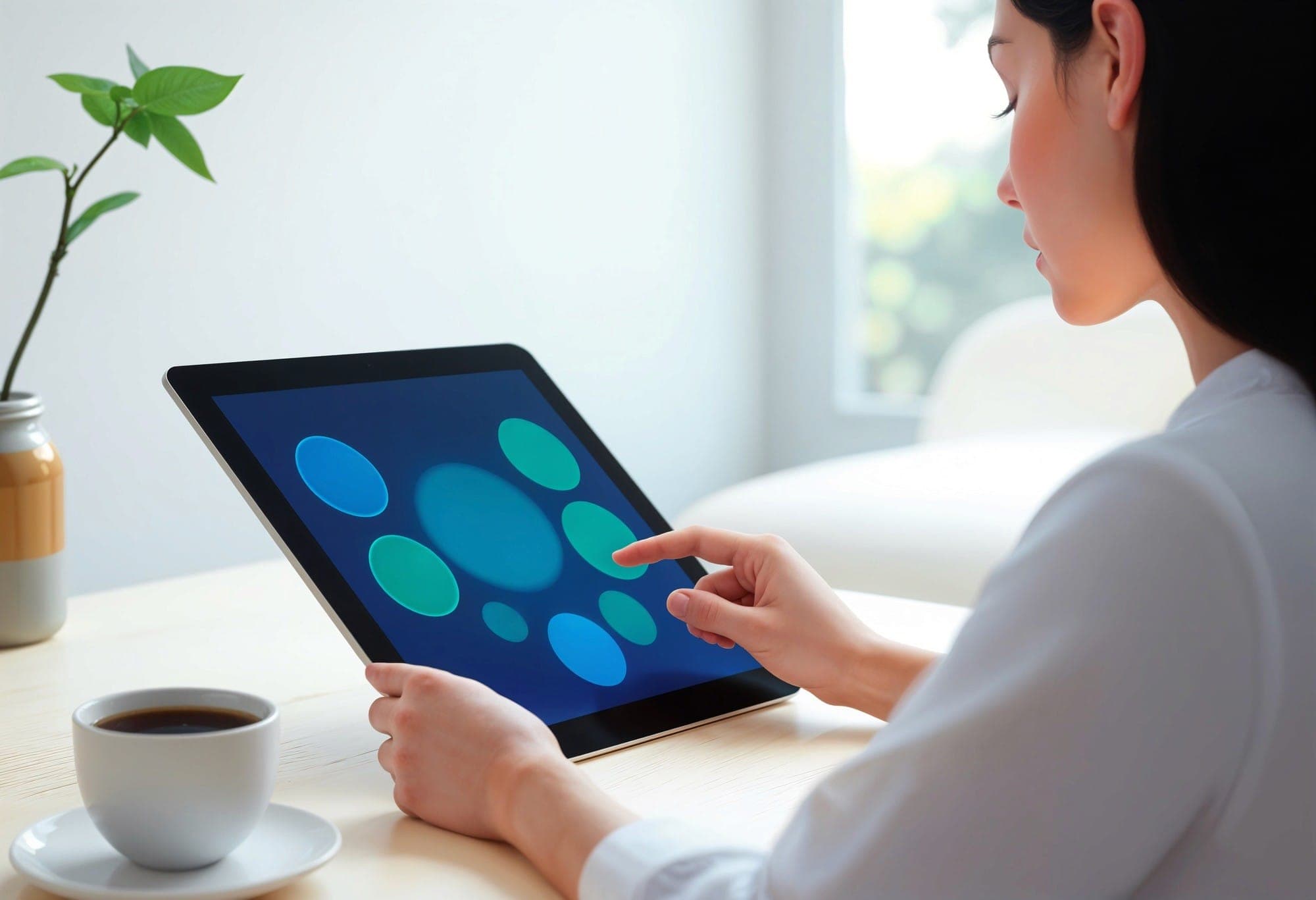 A woman tapping a tablet beside a cup of coffee and a plant