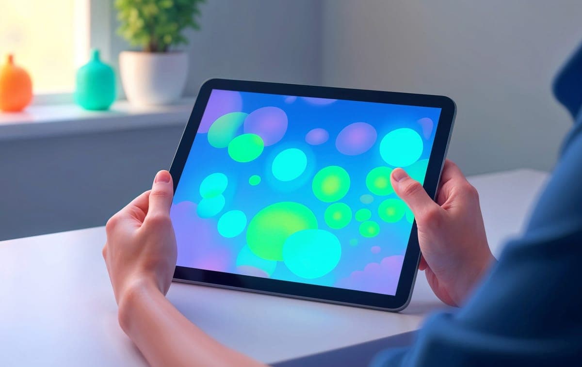 Hands holding a tablet with colourful bubbles on screen