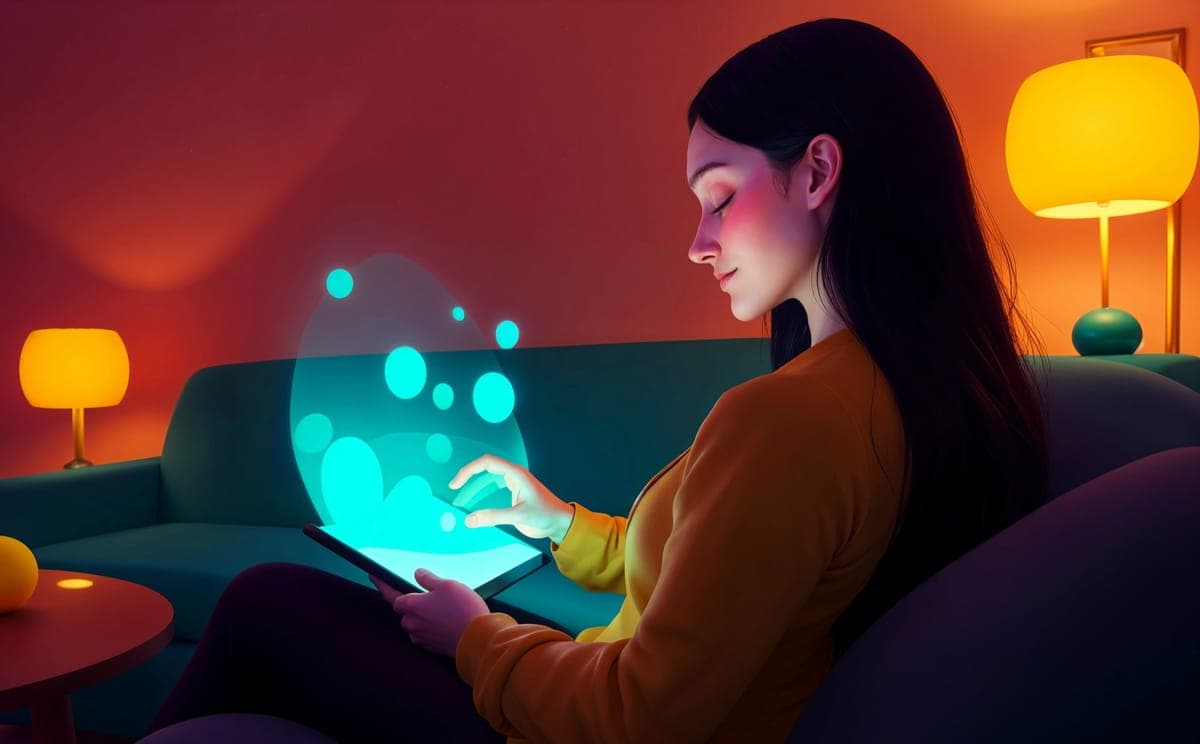 A woman on a sofa touching a tablet with glowing bubbles above it