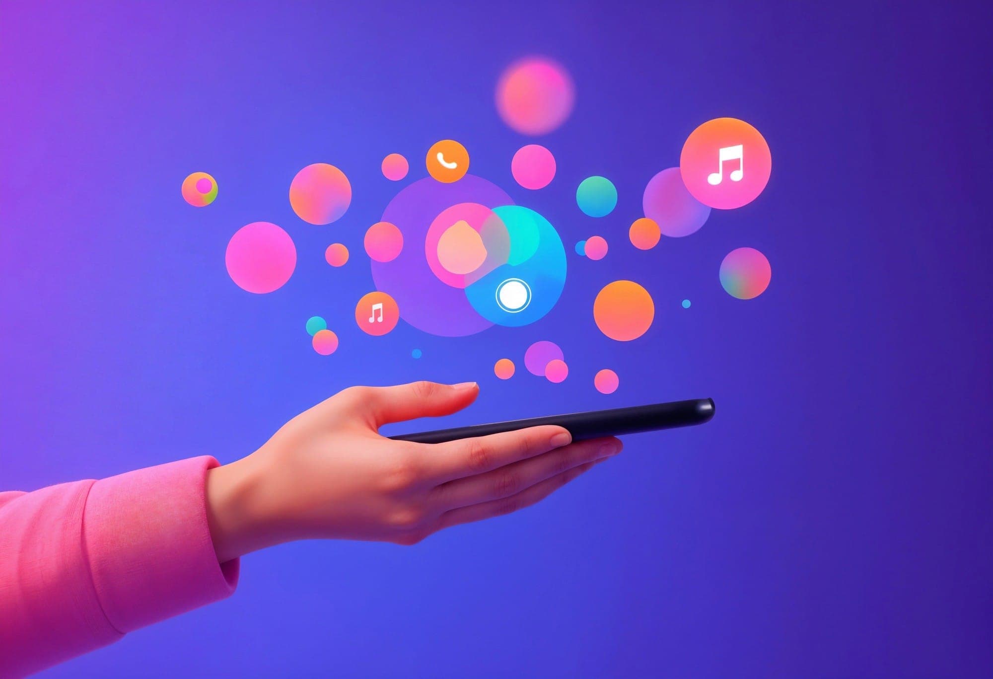 A hand holding a phone with colourful app bubbles floating above