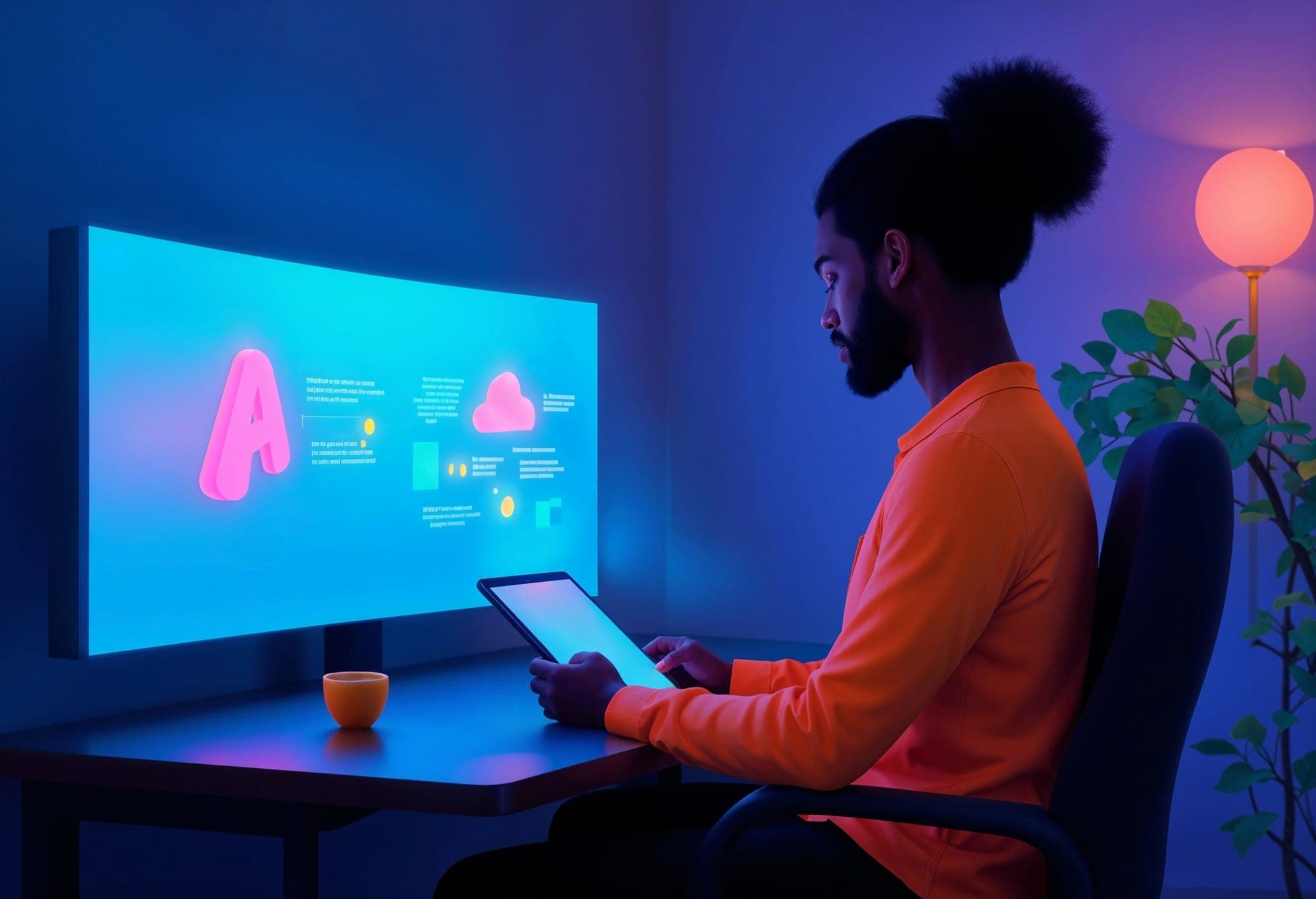 A man holding a tablet in front of a glowing screen in a blue room