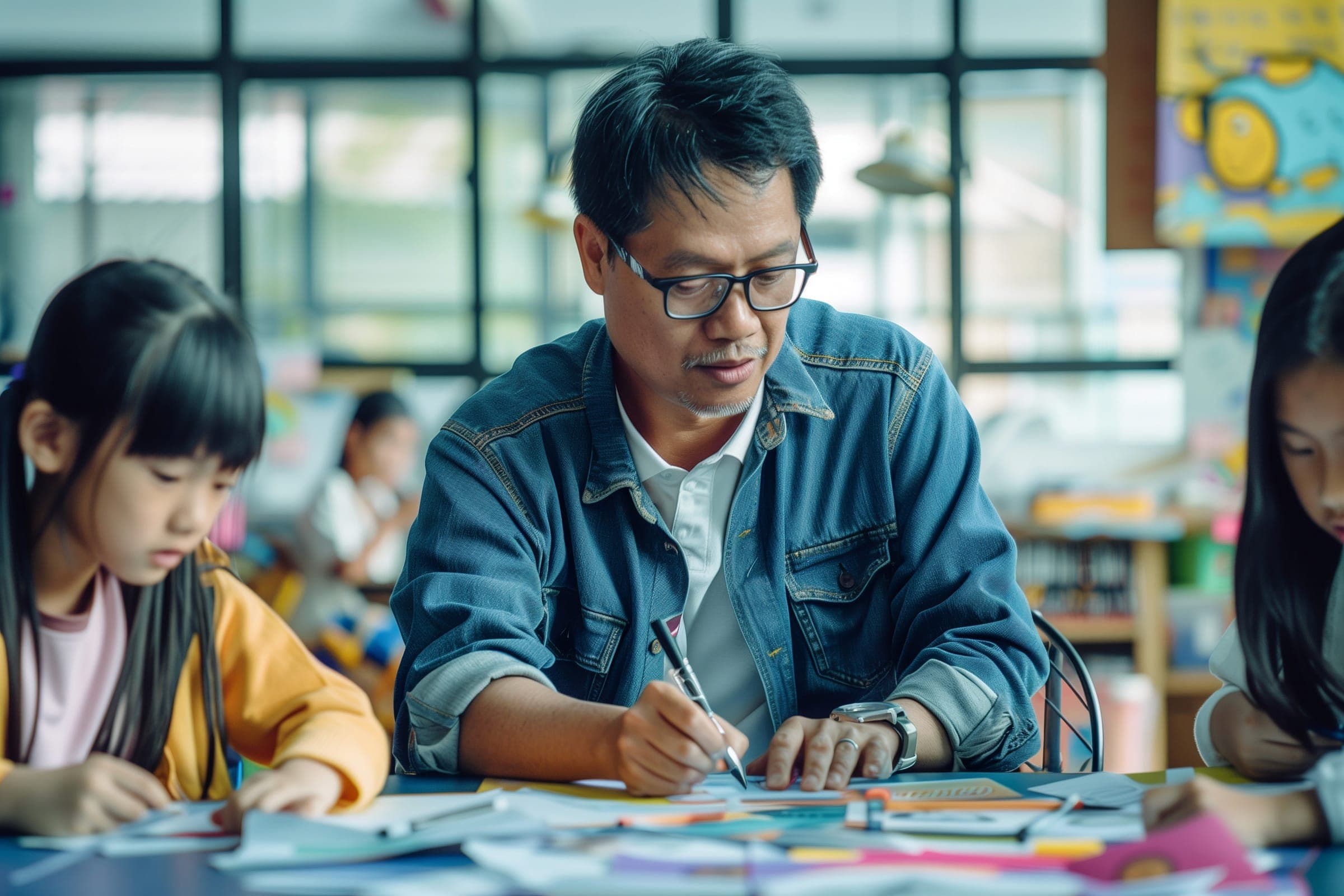 A man in a denim shirt drawing at a table with children