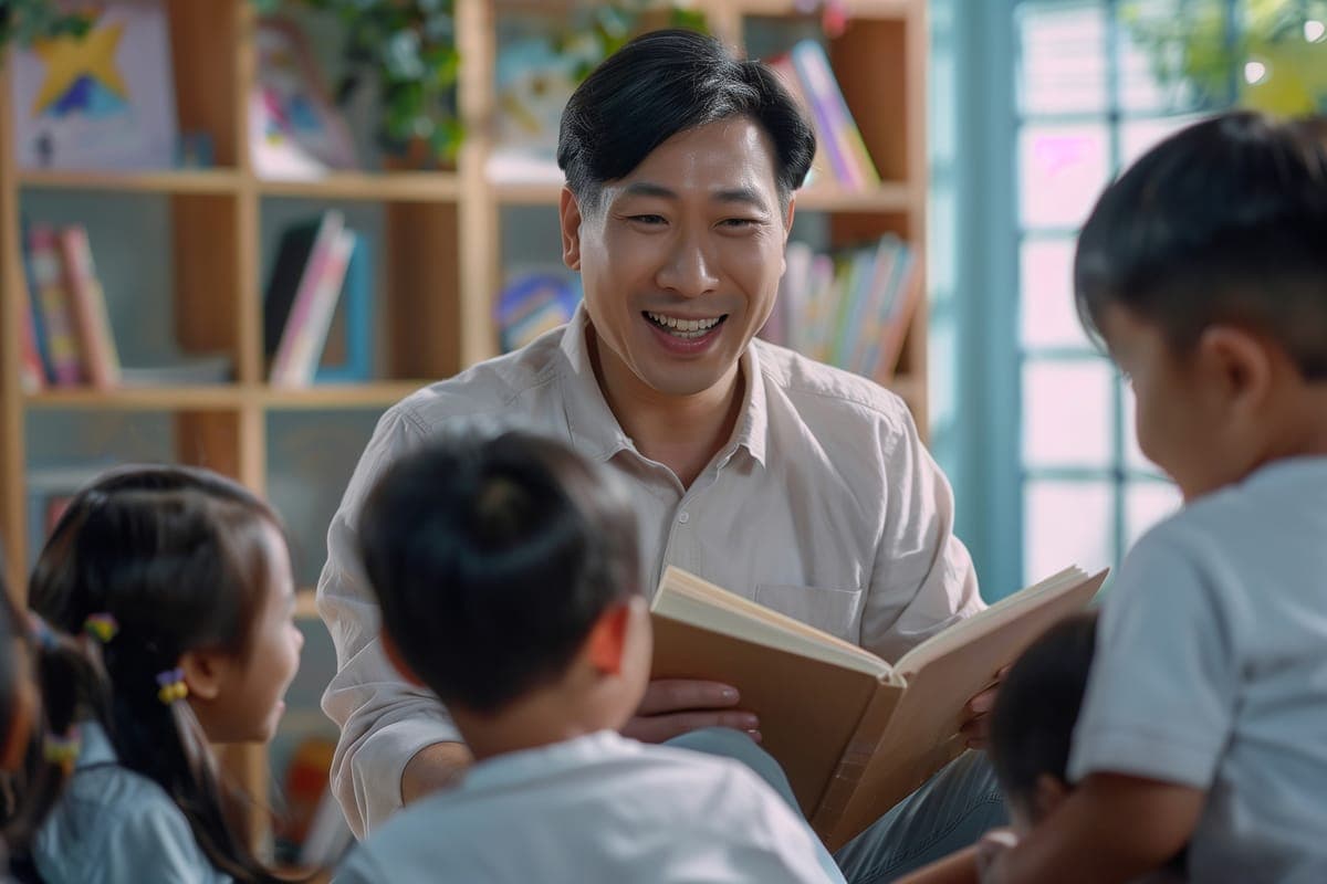 A smiling man reading a book to a group of children