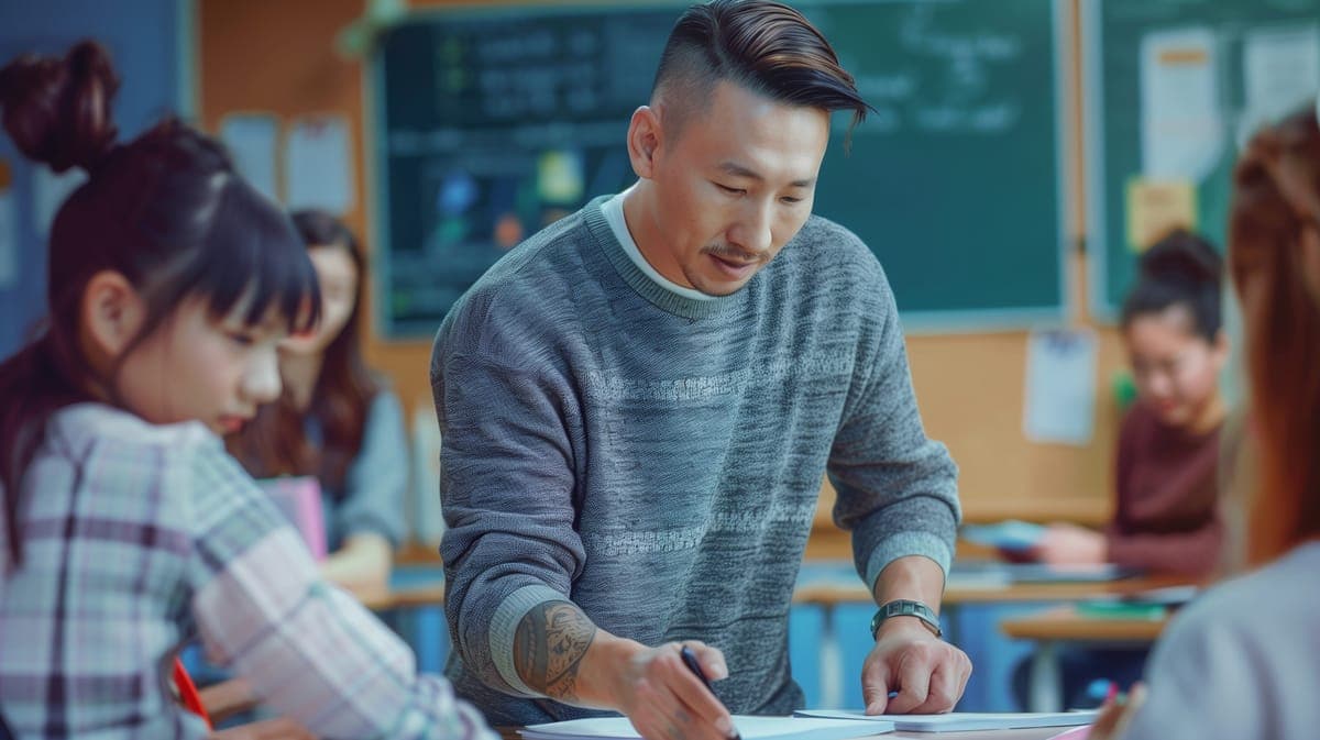 A teacher leaning over a desk to help students in a classroom