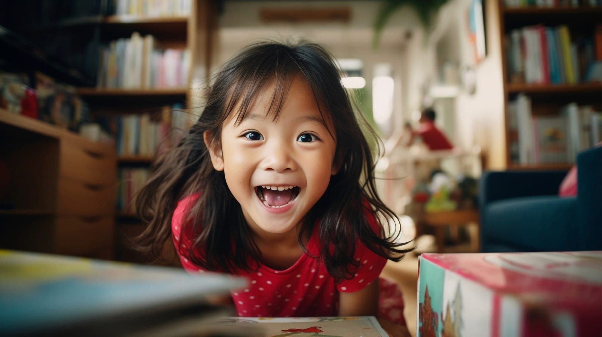 A laughing girl in a red dress leaning on a table in a library