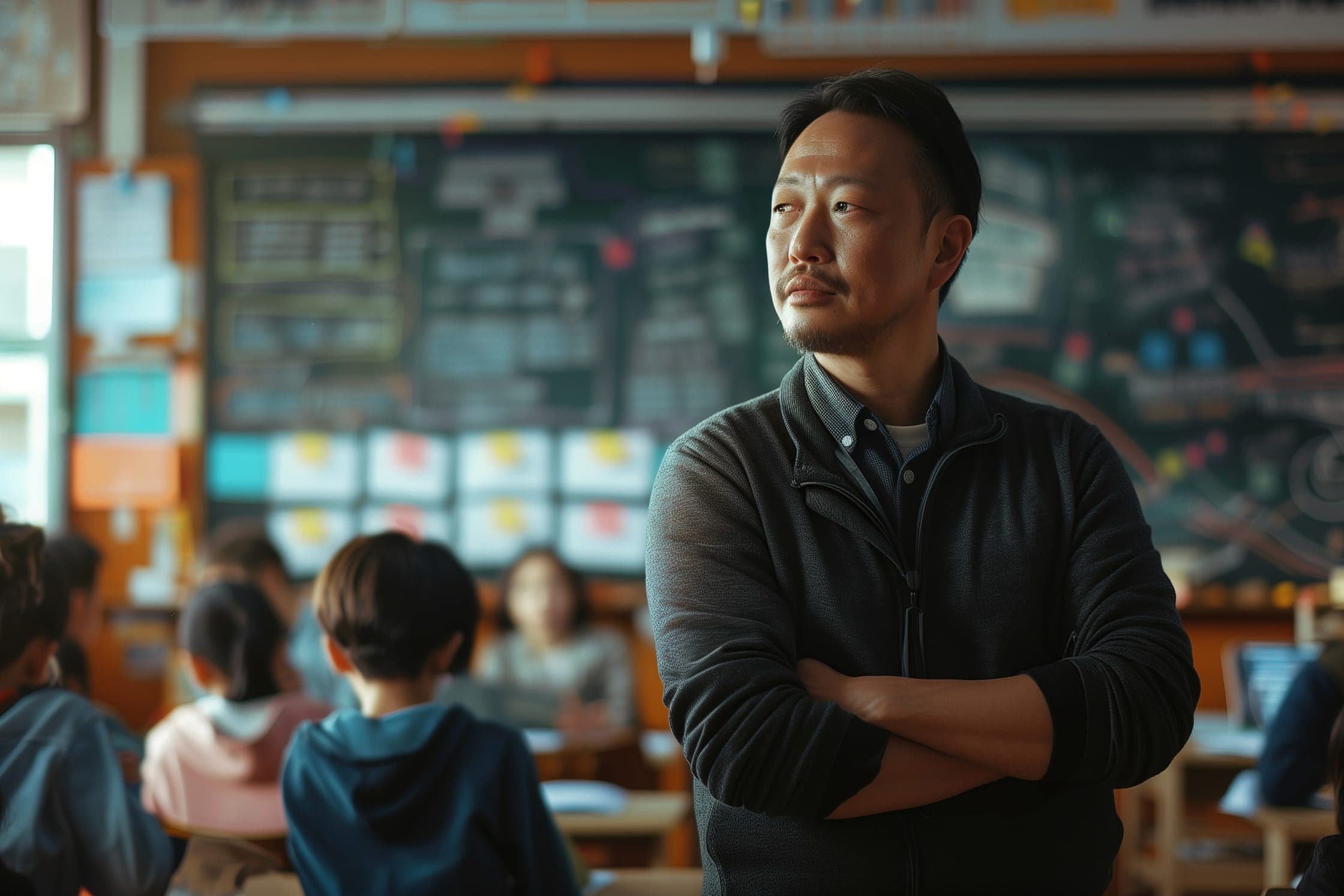 A teacher standing with arms crossed in a classroom of children