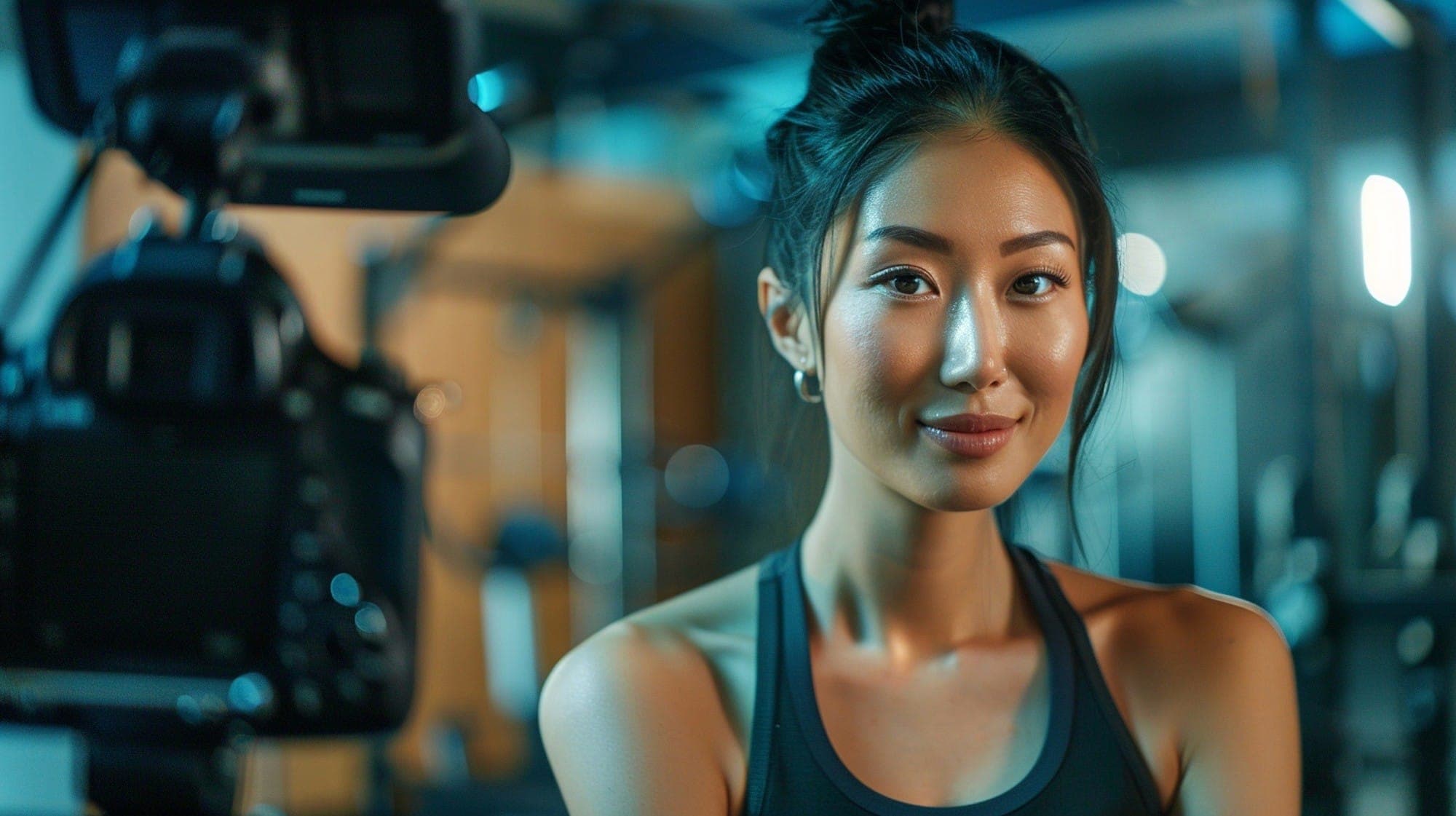 A smiling woman in a gym in front of a camera