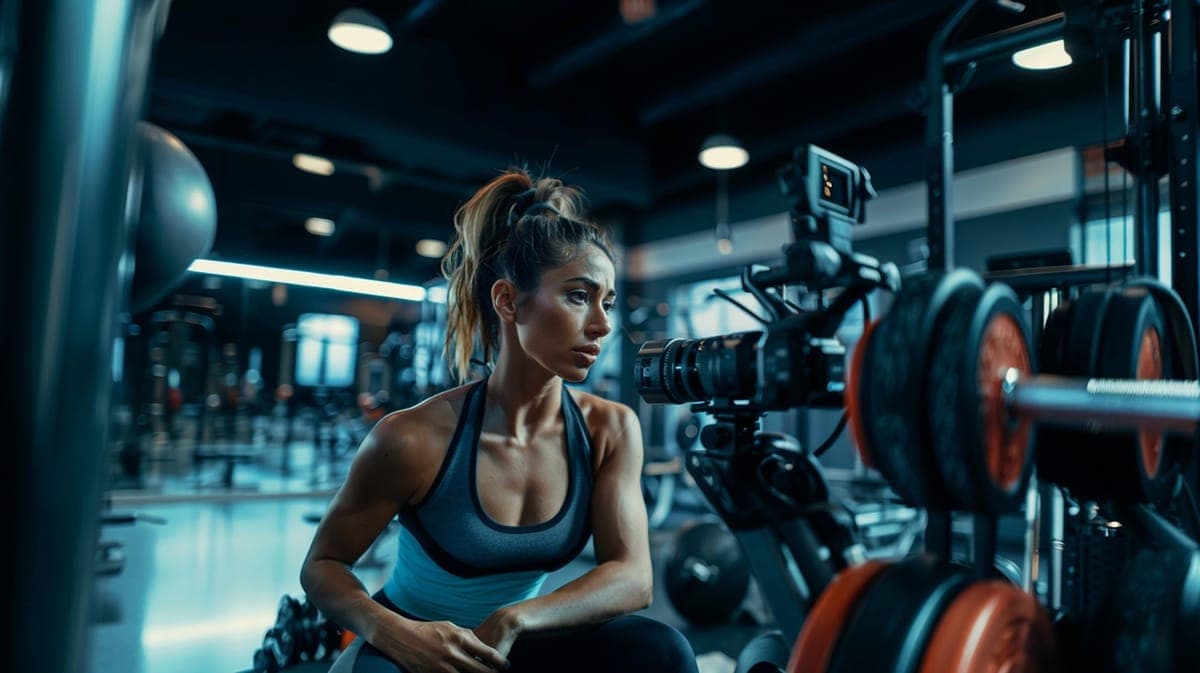 A woman sitting by a camera rig among gym weights