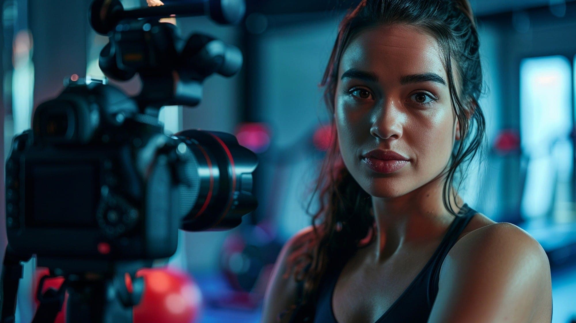 A woman in a gym looking at the camera beside a video camera