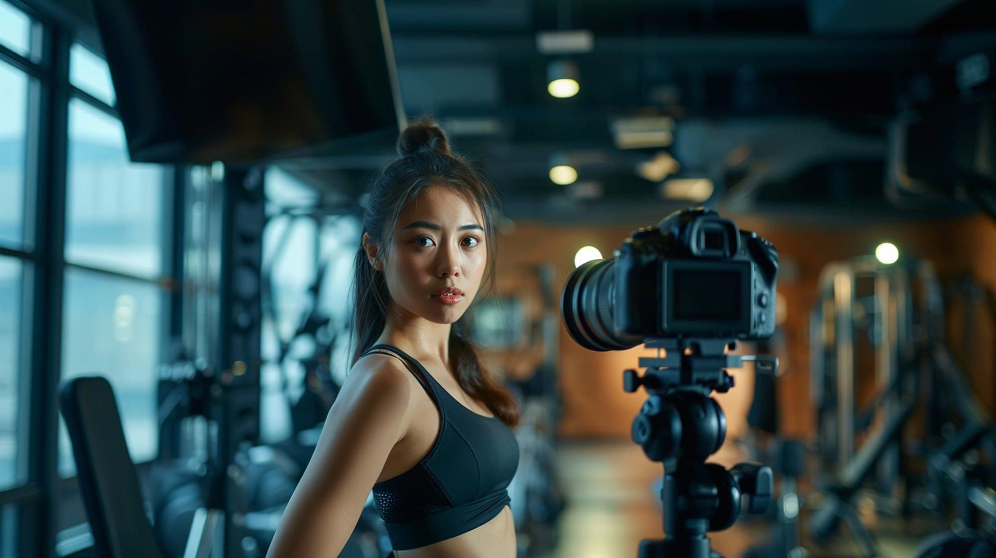A woman in sportswear standing behind a camera on a tripod in a gym