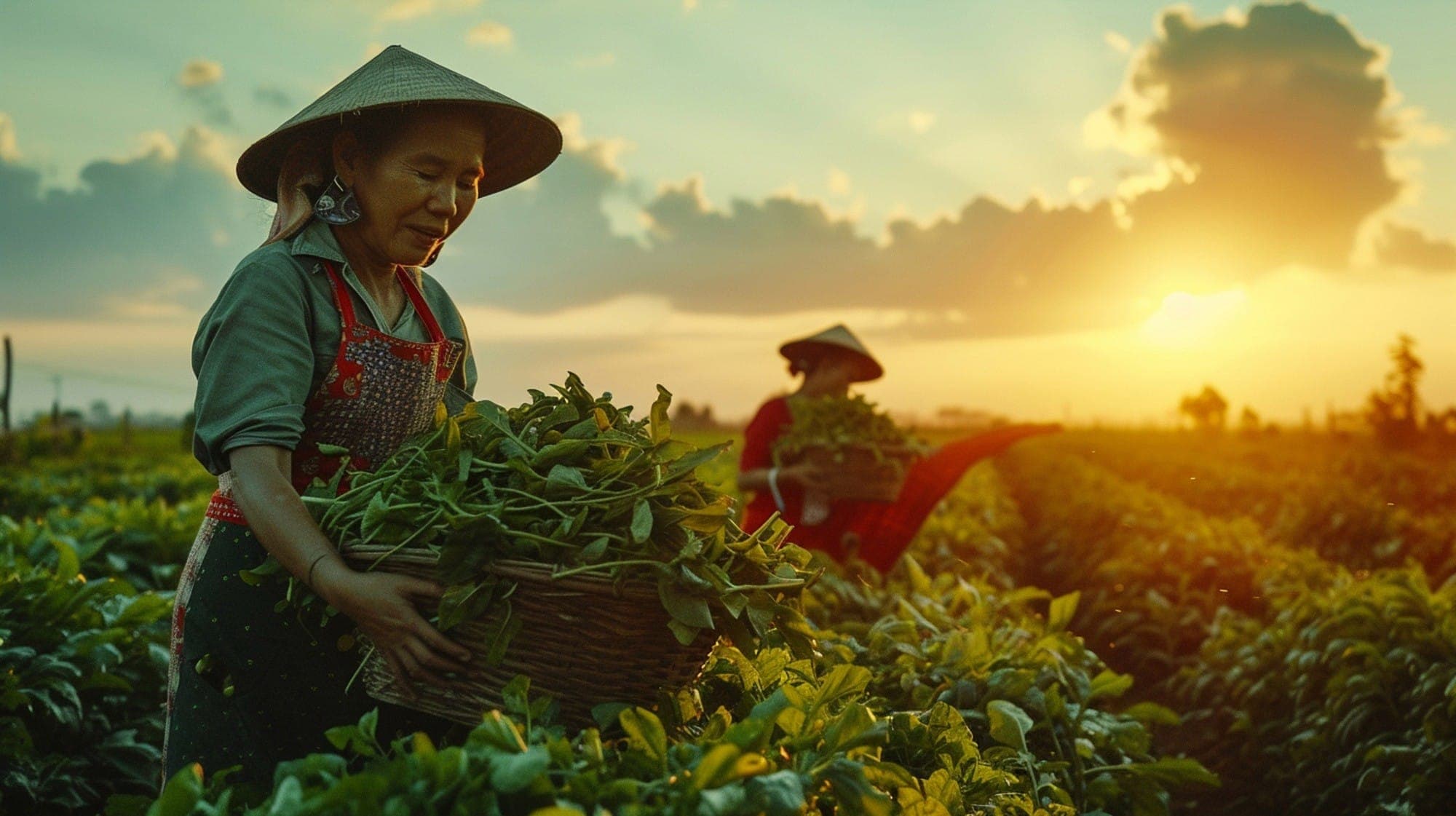 A farmer in a conical hat carrying a basket of greens at sunset