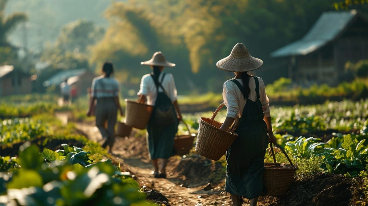 Women with baskets walking along a path through vegetable fields