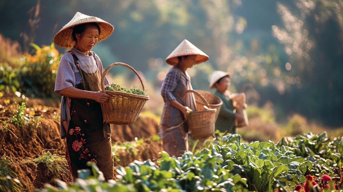 Farmers in conical hats harvesting vegetables into baskets