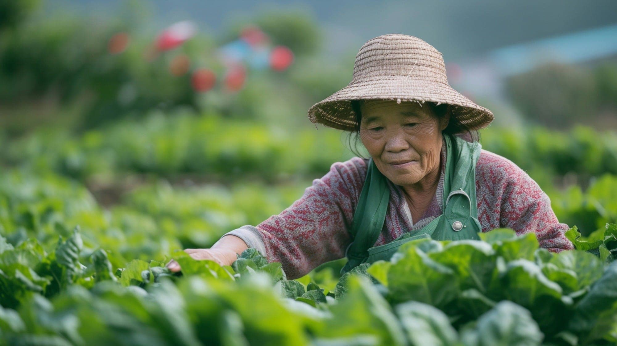 An older woman in a straw hat tending leafy greens