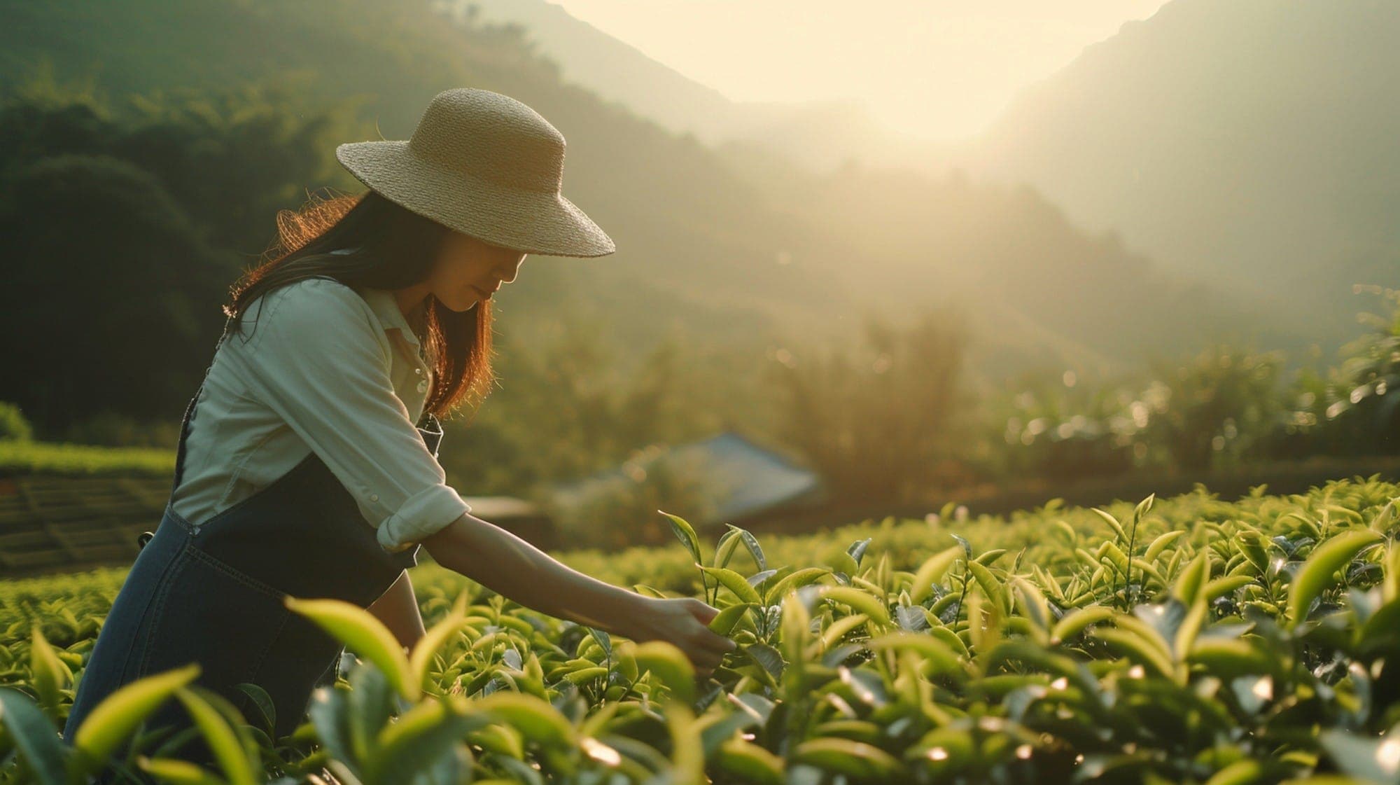 A woman in a sun hat picking tea leaves on a hillside