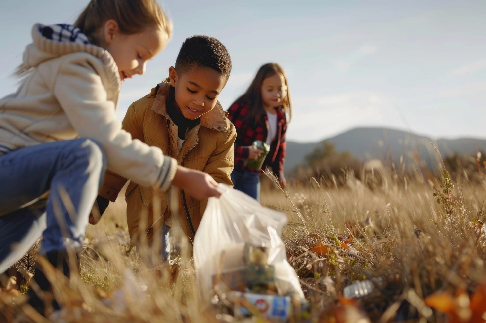 Children picking up litter into a plastic bag in a dry field