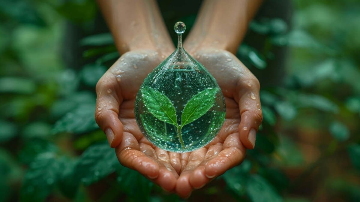 Cupped hands holding a glass water drop with a green sprout