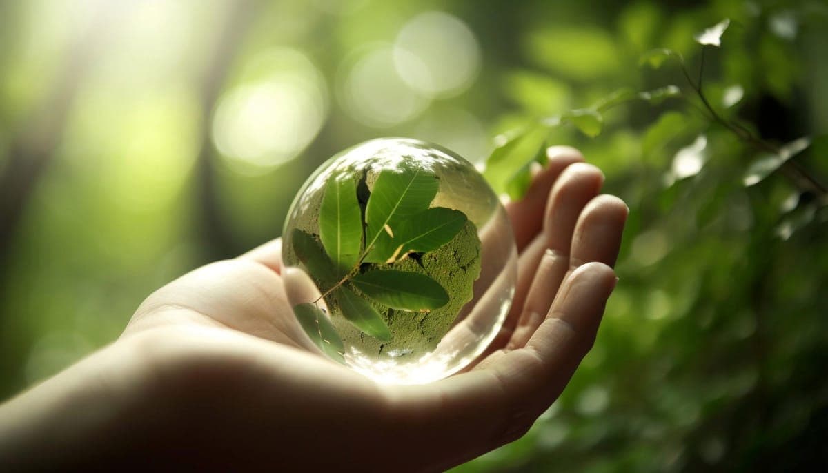 A hand holding a glass sphere with leaves inside, green forest behind