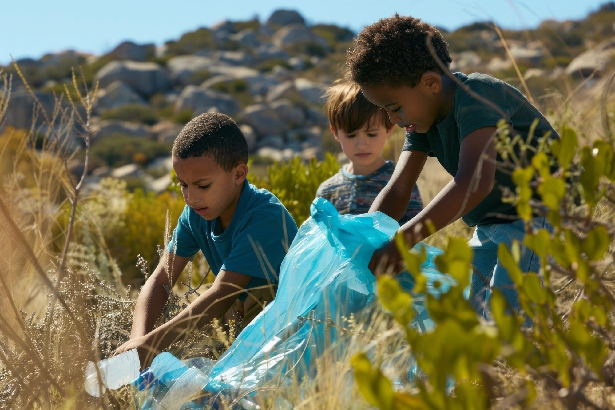 Three boys collecting plastic waste among rocks and shrubs