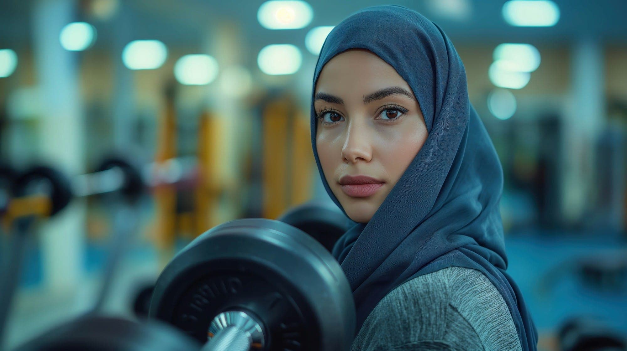 A woman in a hijab beside a loaded barbell in a gym