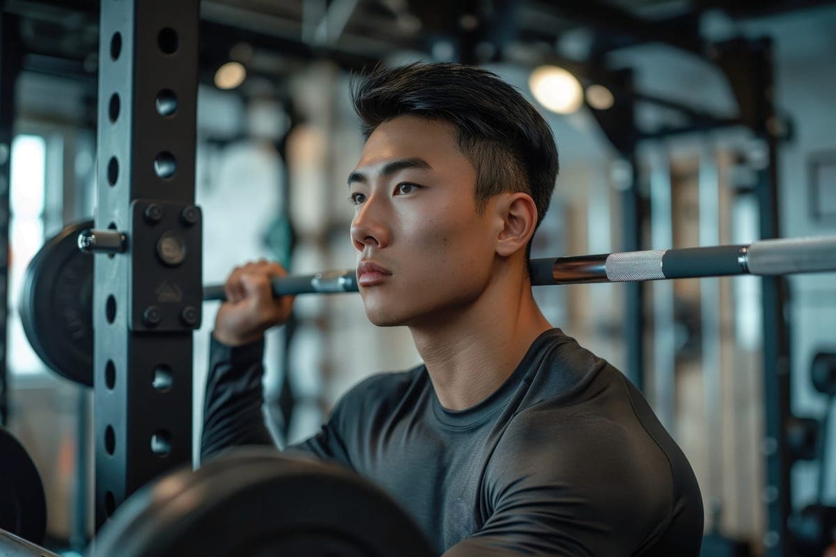 A man in a squat rack gripping a barbell