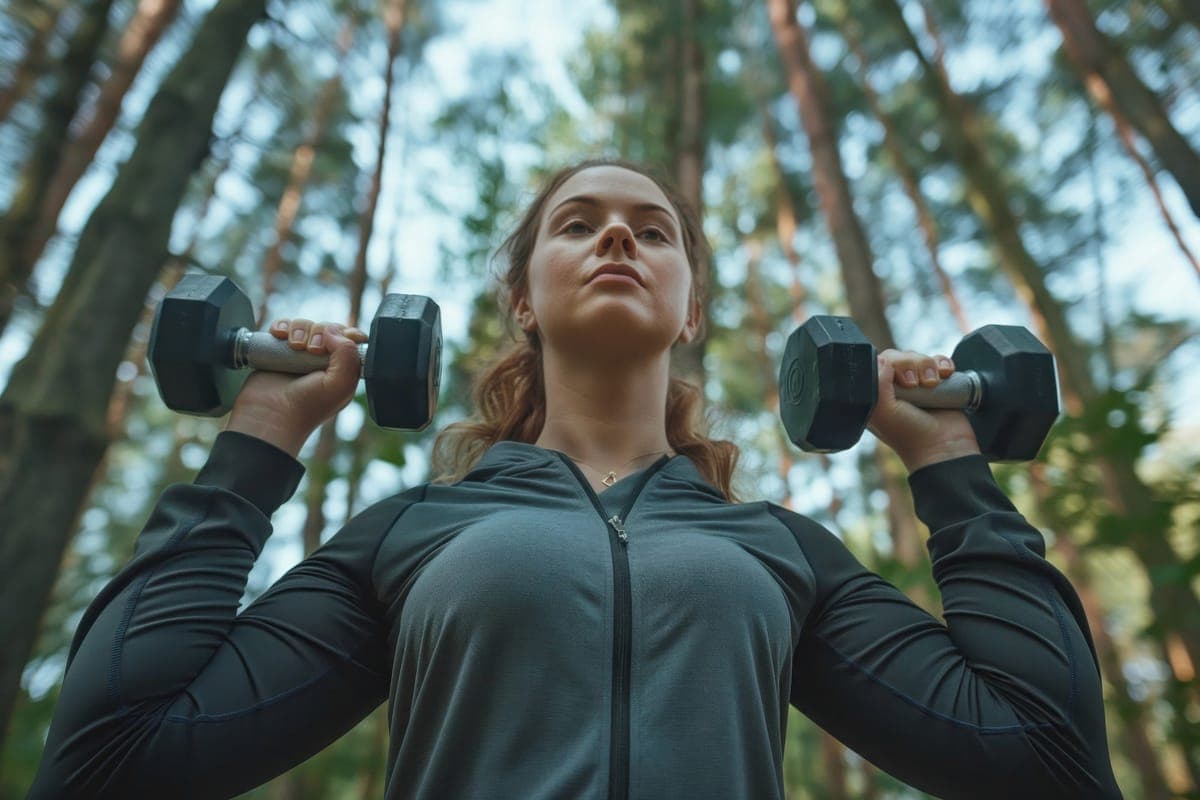 A woman lifting dumbbells outdoors among tall trees