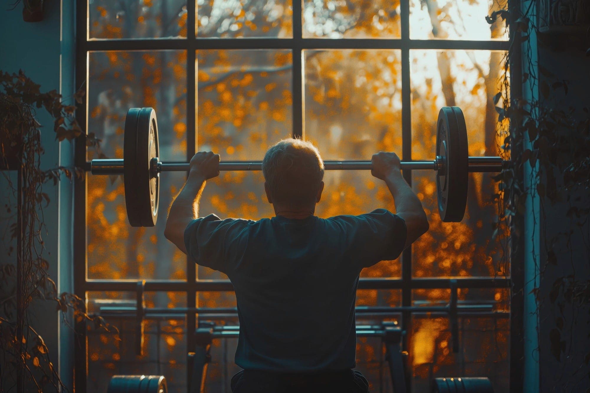 A man lifting a barbell overhead in front of a large window