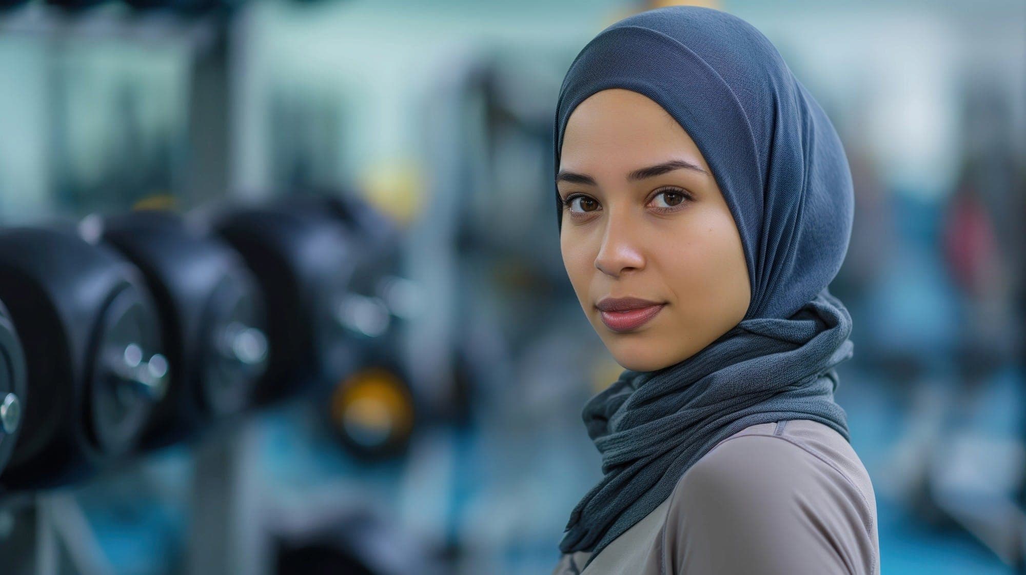 A woman in a grey hijab standing in front of gym weights