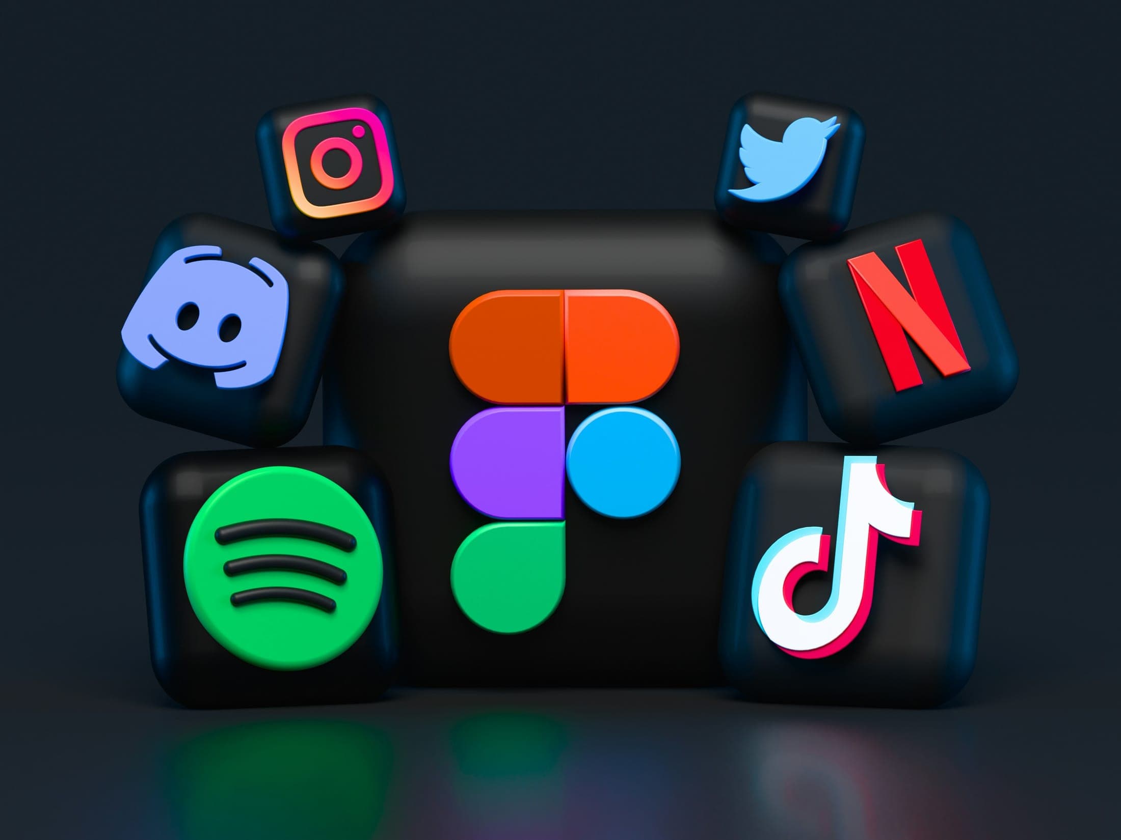 3D app icons for social and media apps on a dark background
